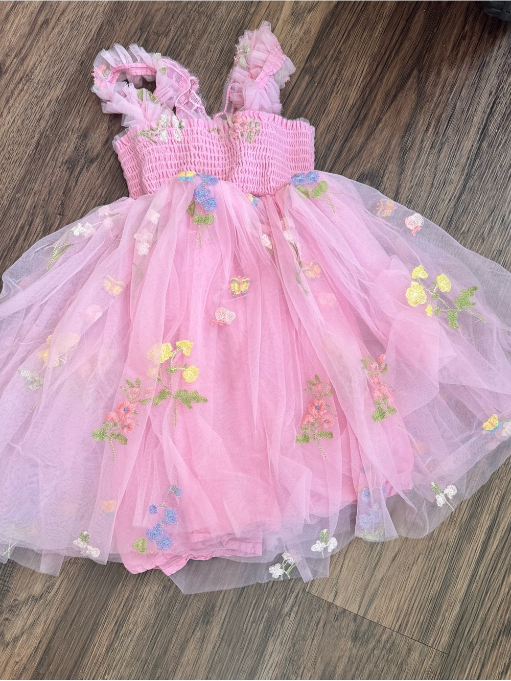 Pink Tulle Floral Embroidered Girls' Dress